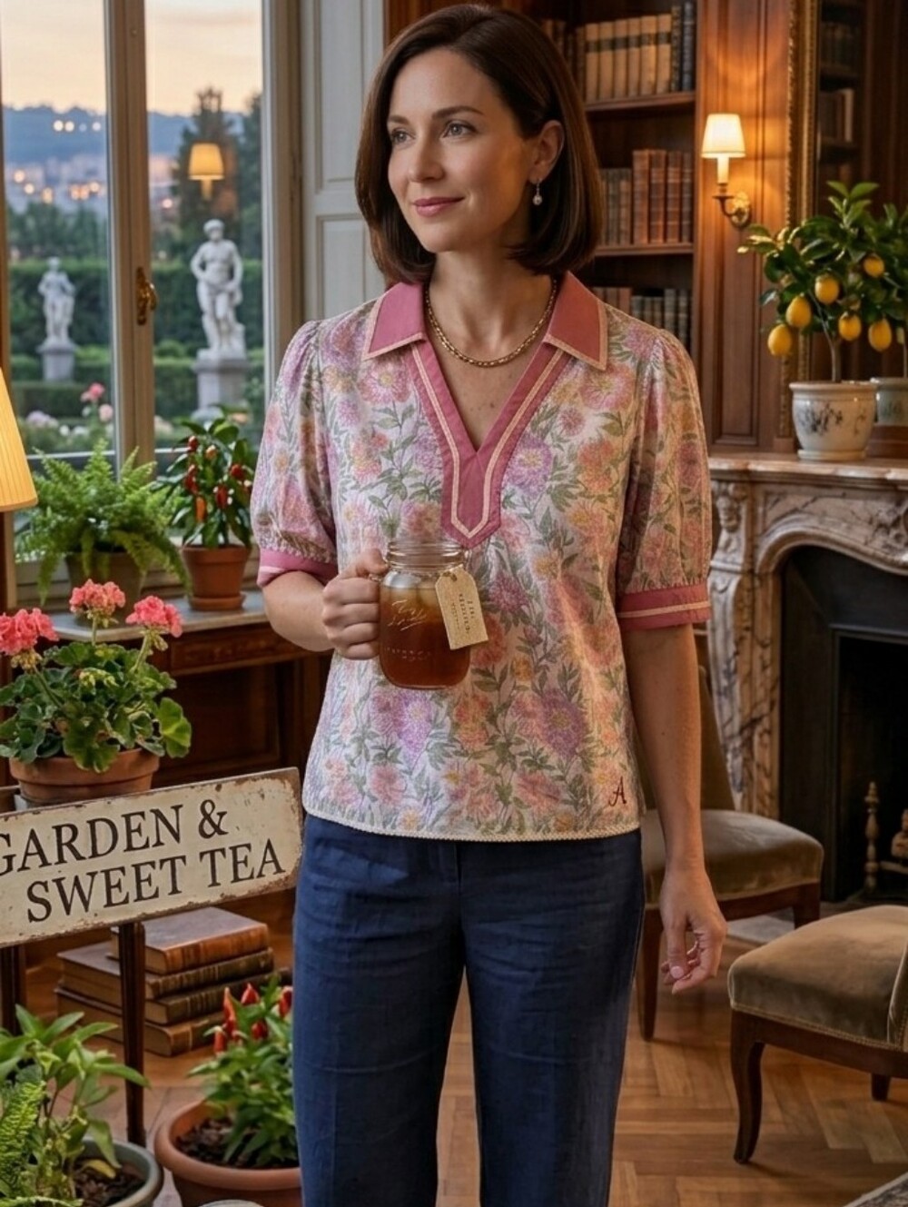 Umgee Pink Trim Floral V-Neck Top